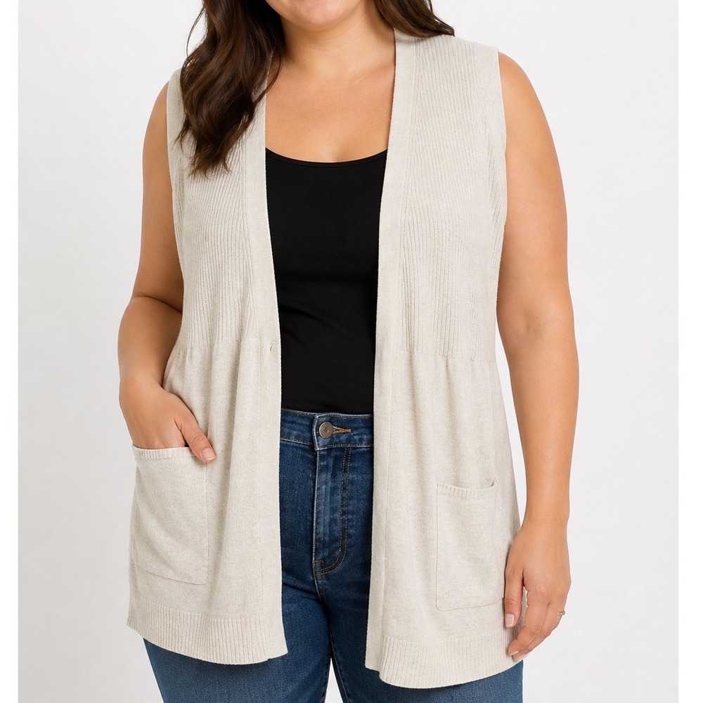 Eileen Fisher Ribbed Linen Cotton Blend Vest Ivory Longline Button Pockets XL